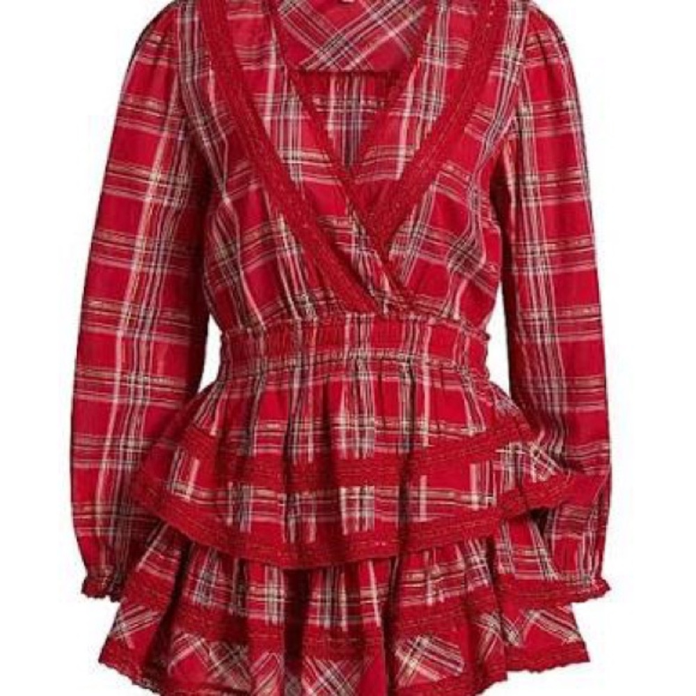 NWT LoveShackFancy Red Milena Plaid V-Neck Dress - Small